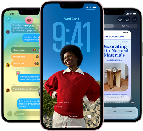 Trīs iPhone 17e, kuru ekrānos darbojas Messages aplikācija ar Liquid Glass dizainu, dinamisks blo?ē?anas ekrāns un vizuālā intelekta funkcija