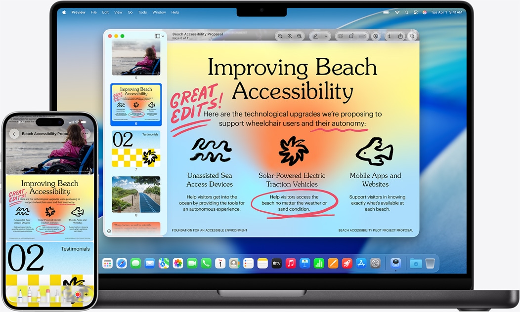 iPhone un MacBook līdzās parāda, kā MacBook izskatās spogu?o?anas efekts. Displeja aug?pusē ir Calendar un Notes vid?eti, bet aplikācijas – apak?ā.