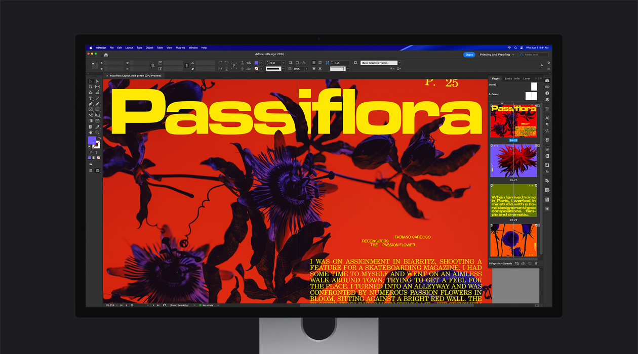 Adobe InDesign 2026 failā spilgts ?urnāla atvērums parāda P3 + Adobe RGB krāsu telpu