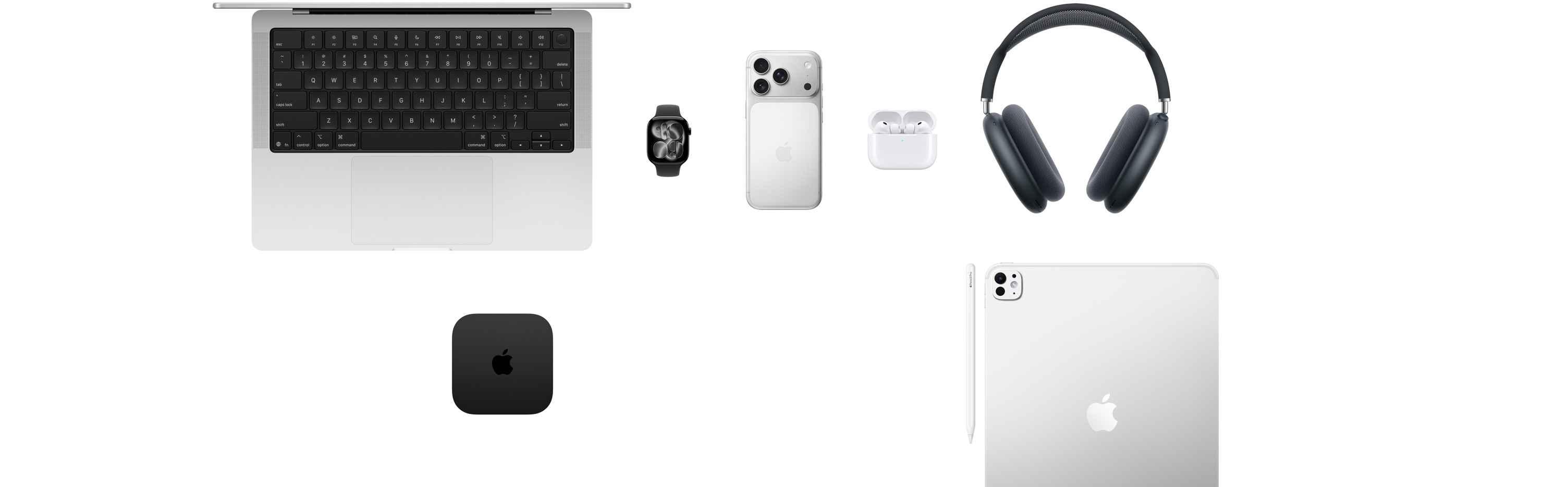多款 Apple 產(chǎn)品展現(xiàn)眼前，包括 MacBook、Apple Watch Series 11、iPhone 17 Pro、AirPods Pro 3、AirPods Max 2、Apple TV、Apple Pencil Pro 和 iPad Pro