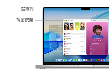 以 MacBook Pro 14 吋導覽 macOS 介面，線條標示出選單列和視窗按鈕的位置。