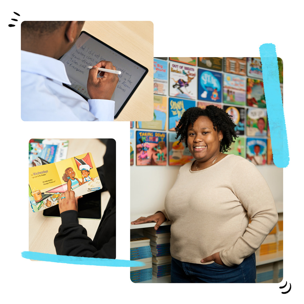 Trois photos disposées en collage?: en haut à gauche, un homme utilise un Apple?Pencil avec un iPad?; en bas à gauche, une personne tourne les pages d’un livre cartonné avec des illustrations?; à droite, une participante se tient debout devant des livres publiés par Shout?Mouse?Press.