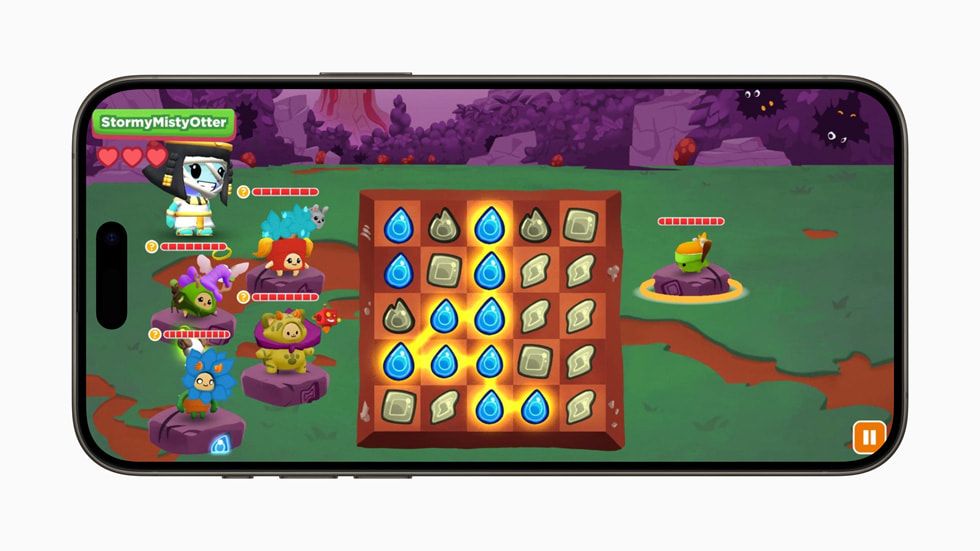 iPhone 15 Proに表示された「Boddle」の様々なキャラクターとグリッド。