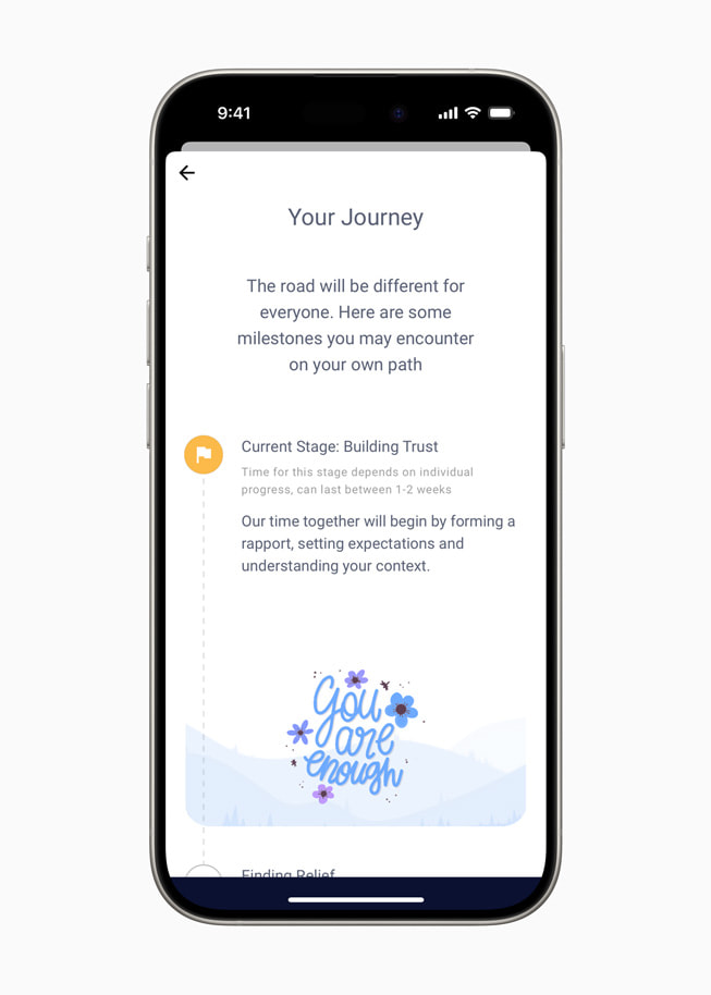 iPhone 15 Proに表示された「Wysa」アプリの「Your Journey」という見(jiàn)出しの畫面。