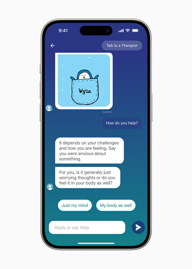 iPhone 15 Proに表示された「Wysa」でのユーザーとセラピストのチャット。