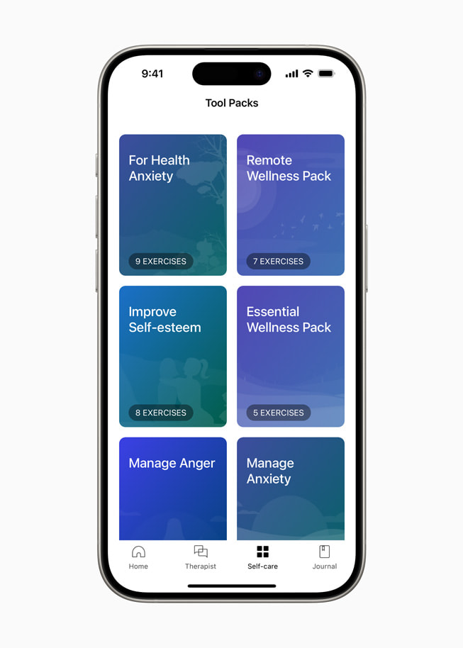 iPhone 15 Proに表示された「For Health Anxiety」や「Manage Anger」といった「Wysa」のツールパックのメニュー。