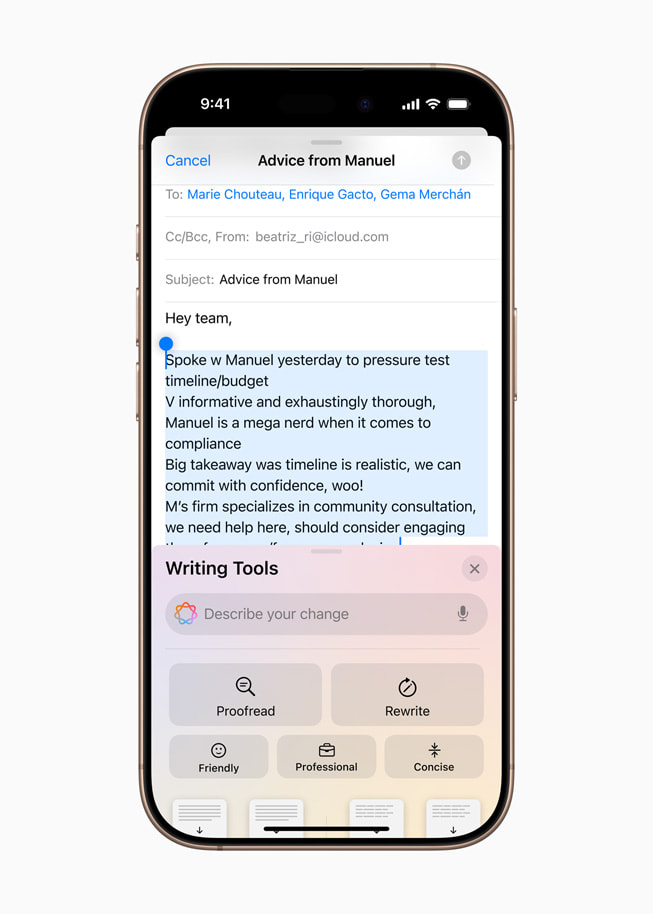 In Mail wird Kopieren ausgew?hlt, um den Text mit dem Tool von Apple?Intelligence umzuschreiben.