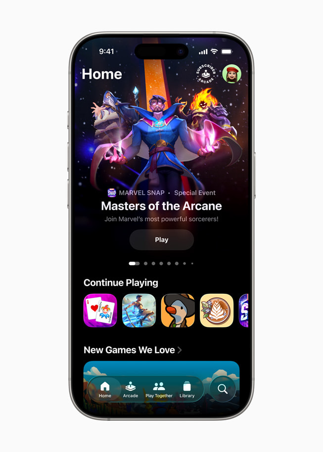 L’onglet Accueil de l’app Jeux est affiché sur un iPhone?16?Pro.