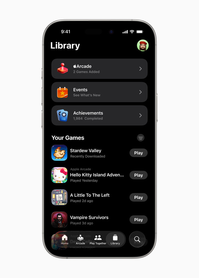 La bibliothèque de l’app Jeux est affichée sur un iPhone?16?Pro.