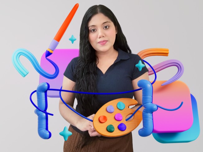 Gayatri Goundadkar holder en palet til digital kunst med farverige 3D-illustrationer af en pensel og en b?lgende linje, der symboliserer en rystelse, som bliver korrigeret.
