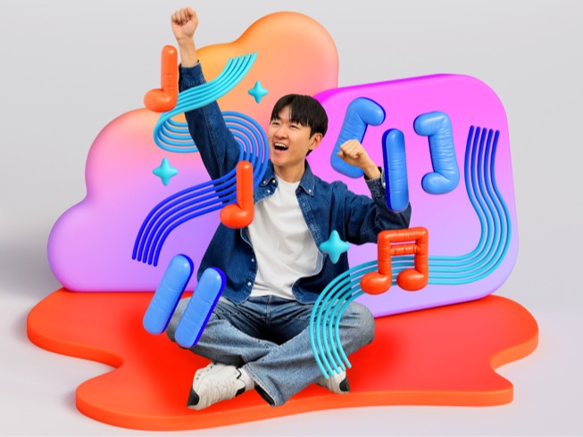 Yoonjae Joung jubler med en arm l?ftet, mens han er omgivet af farverige 3D-illustrationer af noder, en bratsch og lydb?lger.