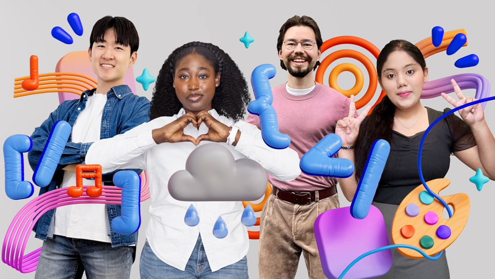 En farverig kollage med Distinguished Winners fra Swift?Student?Challenge 2026: Yoonjae Joung, Karen-Happuch Peprah Henneh, Anton Baranov og Gayatri Goundadkar.