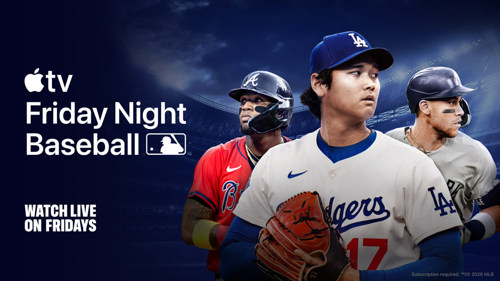 Three baseball players on a field, with the Apple TV “Friday Night Baseball” logo.