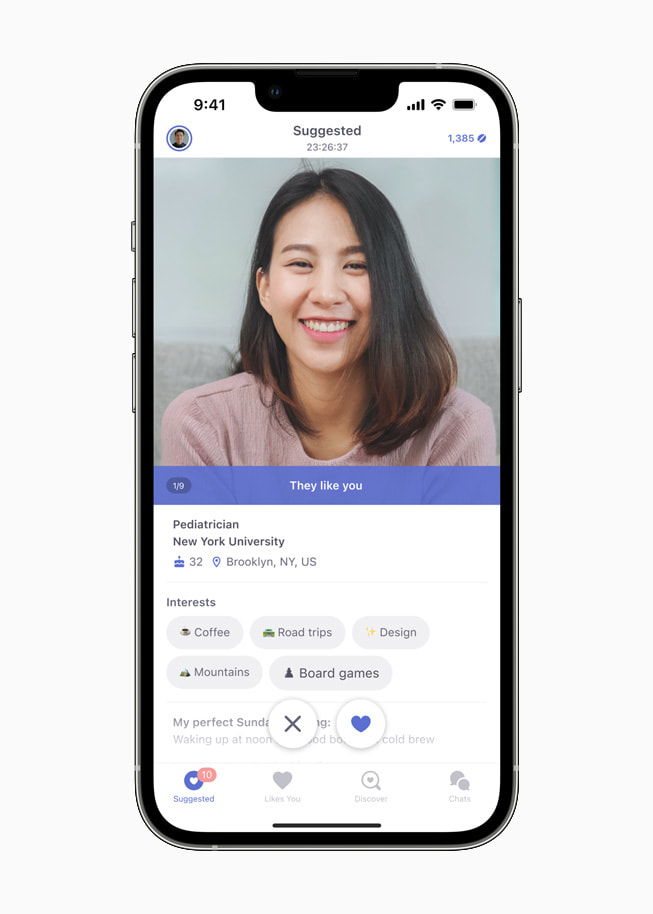 マッチングアプリCoffee Meets Bagelに、1人のユーザーのプロフィールが表示されているところ。