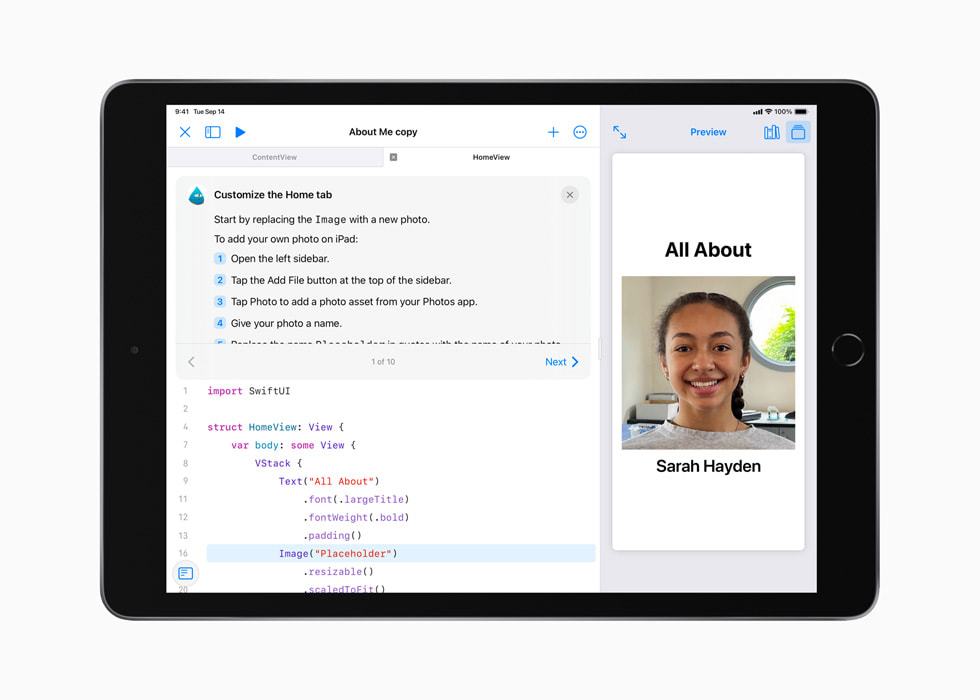 Un progetto “Informazioni su di me” nell’app Swift Playgrounds su iPad. 