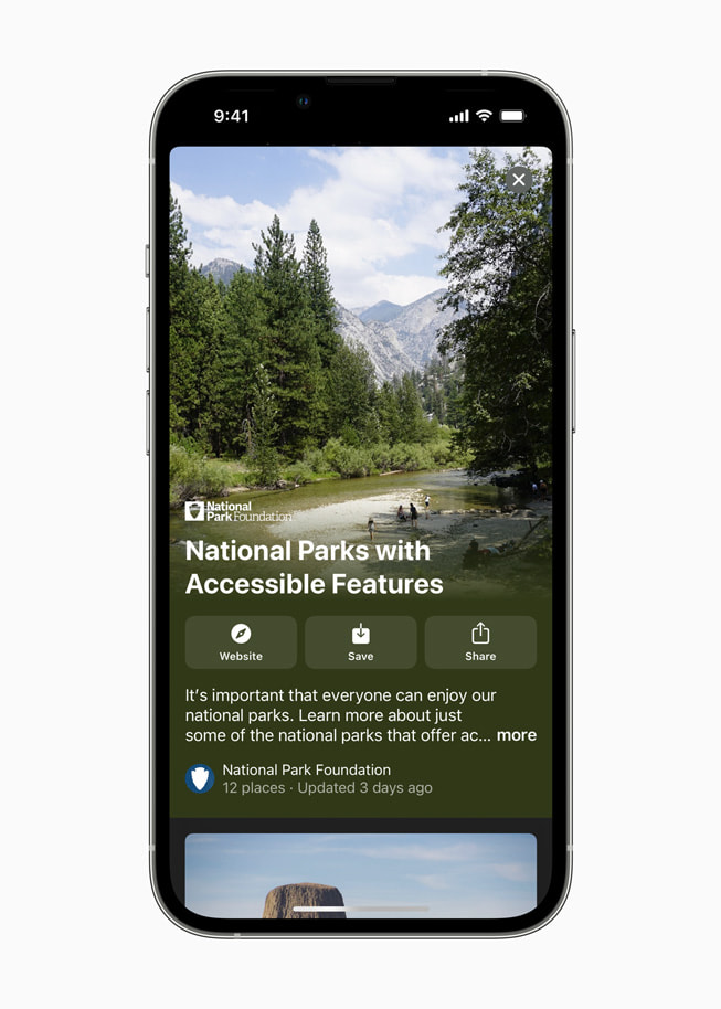 L’écran d’un iPhone affiche Park Access for All, un nouveau guide élaboré par la National Park Foundation, disponible dès maintenant dans Apple?Plans.