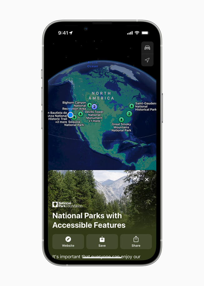 L’écran d’un iPhone affiche Park Access for All, un nouveau guide élaboré par la National Park Foundation, disponible dès maintenant dans Apple?Plans.