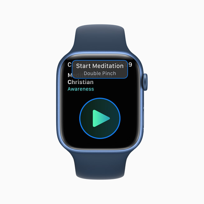 L’écran d’une Apple?Watch montre le geste du double pincement pour commencer une séance de méditation.