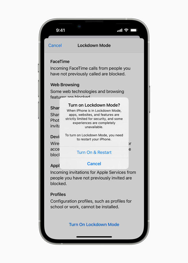 écran d’iPhone montrant le nouveau mode Isolement et demandant à l’utilisateur s’il souhaite activer ce mode.