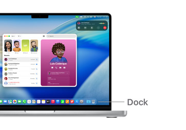 Een rondleiding van macOS op een 14?inch MacBook Pro met lijnen die aangeven waar het Dock zich bevindt.