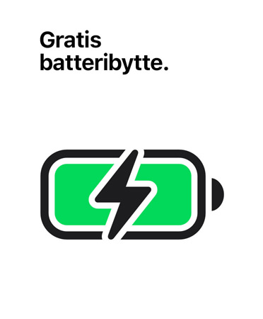 ?Batteribytte uten ekstra kostnad? st?r skrevet over et symbol som viser et ladet batteri.