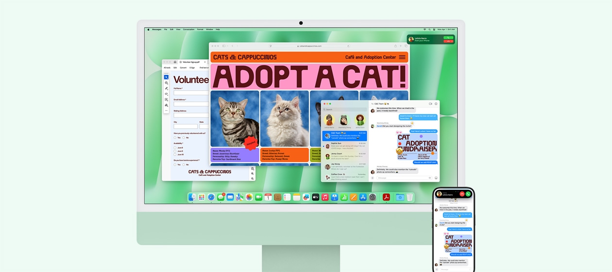 Zielony iMac i iPhone ustawione obok siebie. Na ekranie iMaca wy?wietla si? powiadomienie informuj?ce o po??czeniu przychodz?cym na iPhonie. Na obu urz?dzeniach widoczna jest aplikacja Wiadomo?ci z identycznymi rozmowami tekstowymi.