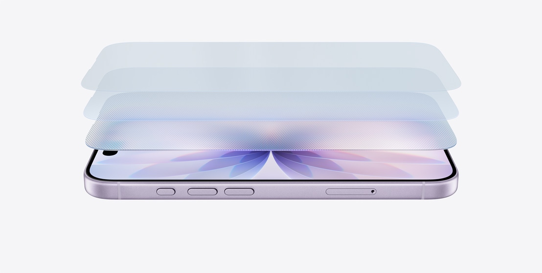 Widok z boku iPhone’a 17 w kolorze lawendy w pozycji poziomej, warstwowa konstrukcja pokazuj?ca Ceramic Shield 2