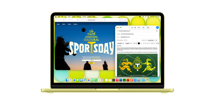 Wiele aplikacji otwartych na MacBooku Neo, w tym Safari i Poczta, z ulotk? o czwartym corocznym dniu kultury i sportu.
