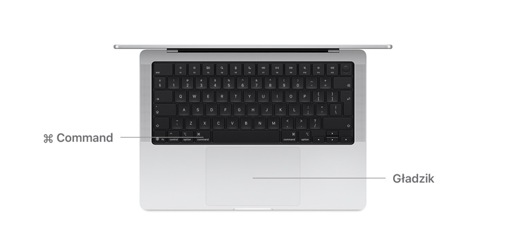 Widoczny od góry MacBook Pro 14″ z liniami wskazuj?cymi po?o?enie klawisza Command i g?adzika.