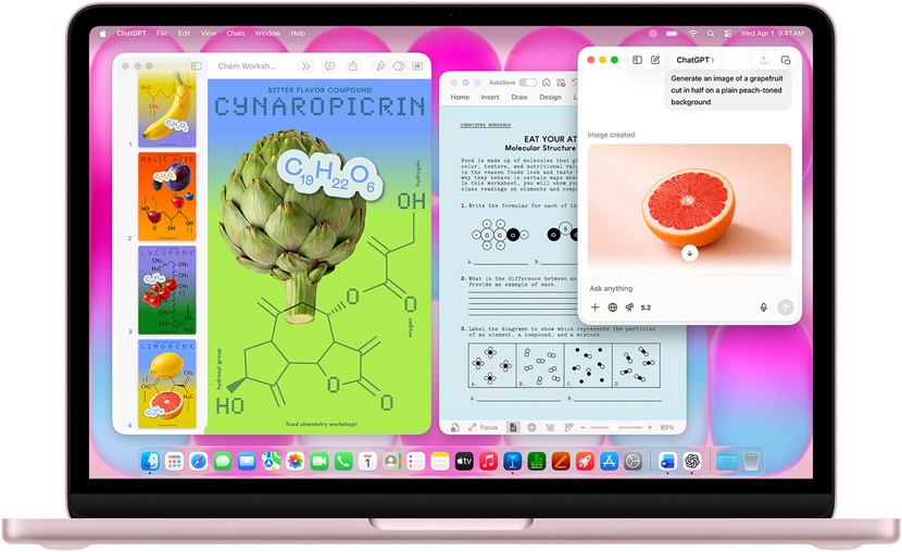 MacBook Neo, kolor subtelnego ró?u, ChatGPT u?ywany do wygenerowania obrazu grejpfruta, w innych oknach widoczne s?: dokument Keynote pt. ?plakaty moleku?”, zawieraj?cy obrazy owoców i warzyw, a tak?e powi?zanych cz?stek molekularnych oraz powi?zany dokument Microsoft Word