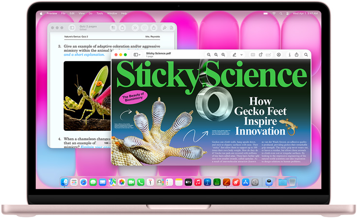 MacBook Neo w kolorze cytrusowo?ó?tym, zamyka si? i odwraca, MacBook Neo w kolorze subtelnego ró?u, obraca si? od do?u i otwiera, pokazuj?c artyku? o biomimikrze i quiz na ten sam temat