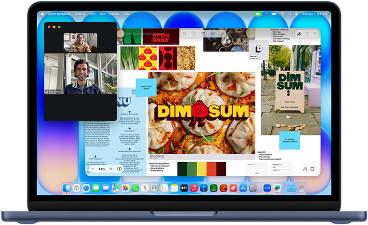 MacBook Neo w kolorze indygo, trwaj?ca rozmowa wideo, okno aplikacji Freeform z menu, zdj?cie jedzenia i ilustracje dań z restauracji serwuj?cej dim sum