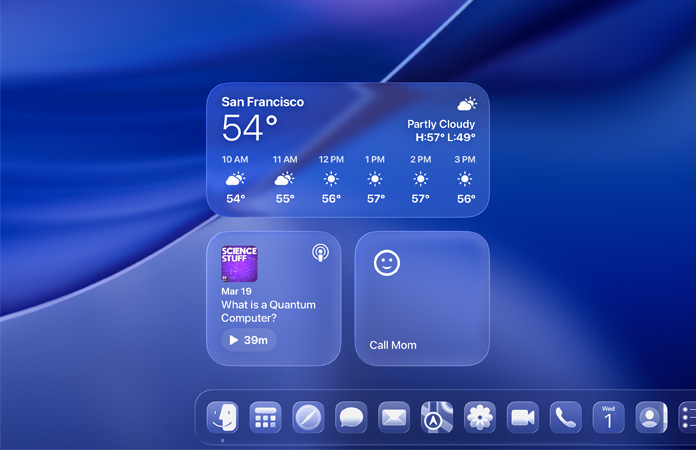 Wid?ety aplikacji Pogoda, Podcasty i Przypomnienia w stylu Liquid Glass na ekranie macOS Tahoe