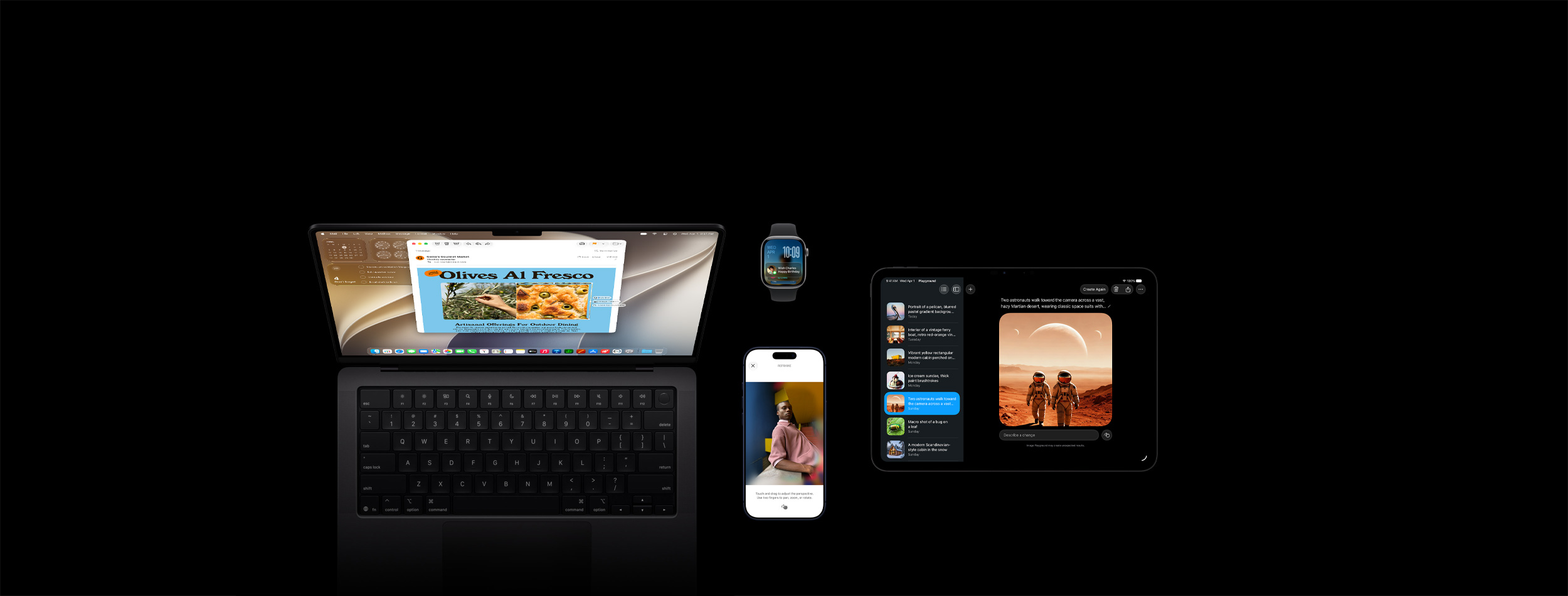 Cztery produkty, w tym iPhone 17 Pro w kolorze g??binowego b??kitu z widoczn? funkcj? edycji zdj?? Reframe na przyk?adzie zdj?cia m??czyzny opartego o lad?, Apple Watch Series 11 w rozmiarze 46 mm w kolorze gwiezdnej szaro?ci z widoczn? dat? i zablokowanym ekranem z przypomnieniem o dniu urodzin, MacBook Pro 14 cali w kolorze gwiezdnej czerni z widoczn? funkcj? Inteligencja wizualna i ze zrzutem ekranu przedstawiaj?cym focacci? z oliwkami z mejla i zapytania Siri o ten obraz oraz iPad Pro 11 cali w kolorze gwiezdnej czerni
