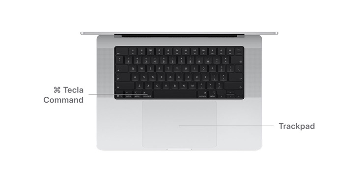 Vista de cima do MacBook Pro 14" com linhas a indicar onde se encontram o bot?o Command e o trackpad.