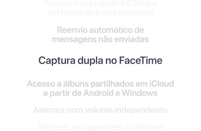 Lista vertical de funcionalidades, com a op??o Captura dupla no FaceTime apresentada a negrito no centro. As características envolventes desvanecem em segundo plano acima e abaixo.