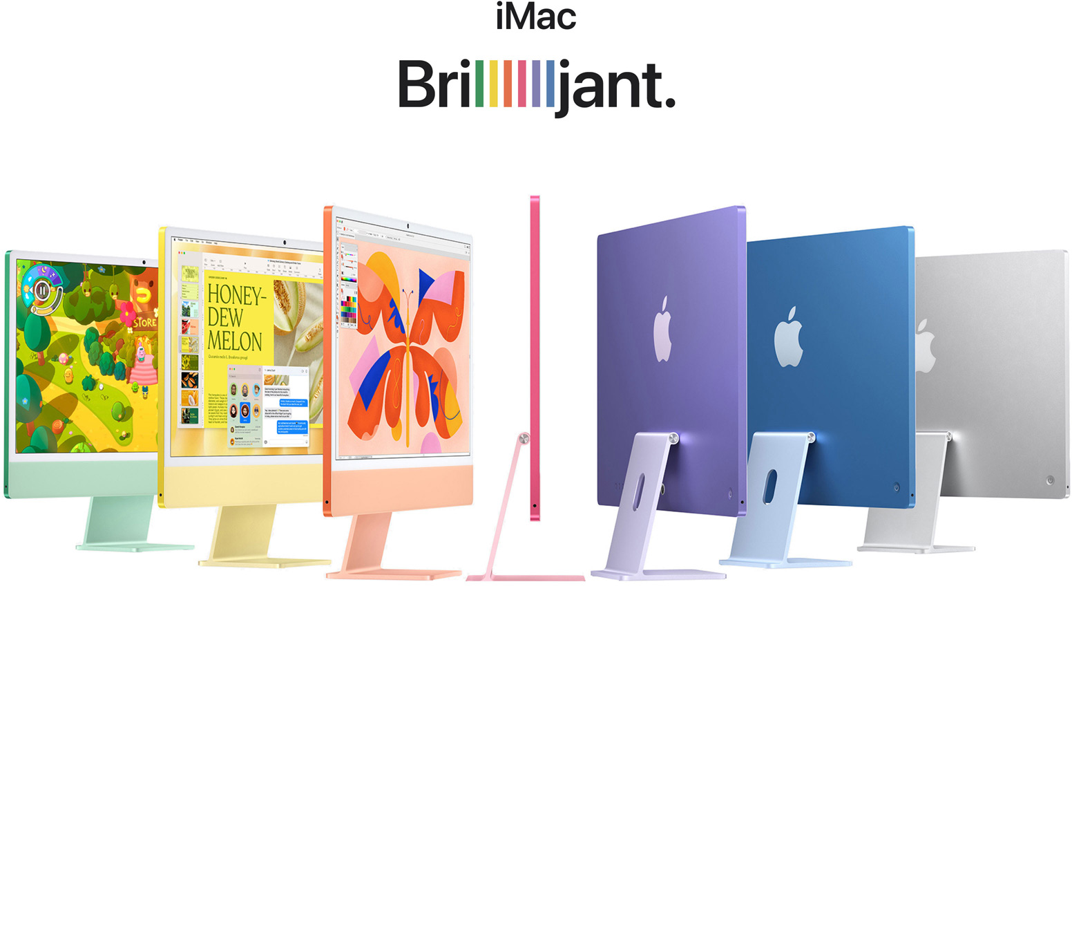 Sju iMac-enheter i olika f?rger (gr?nt, gult, orange, rosa, lila, bl? och silver) i ett dragspelsliknande arrangemang