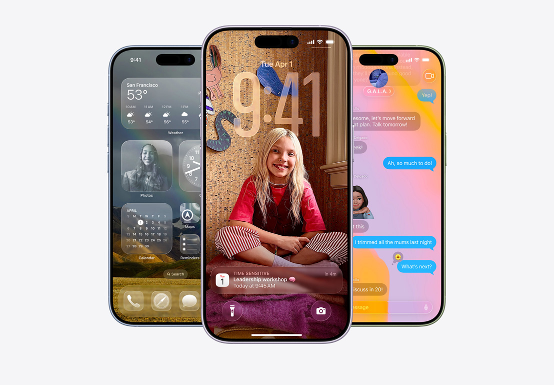 Obrazovka iPhonu zobrazuje funkciu preverovania hovorov, obrazovka iPhonu zobrazuje okno Kalendára na personalizovanom pozadí s fotkou die?a?a, obrazovka iPhonu zobrazuje apku Správy s dizajnom Liquid Glass