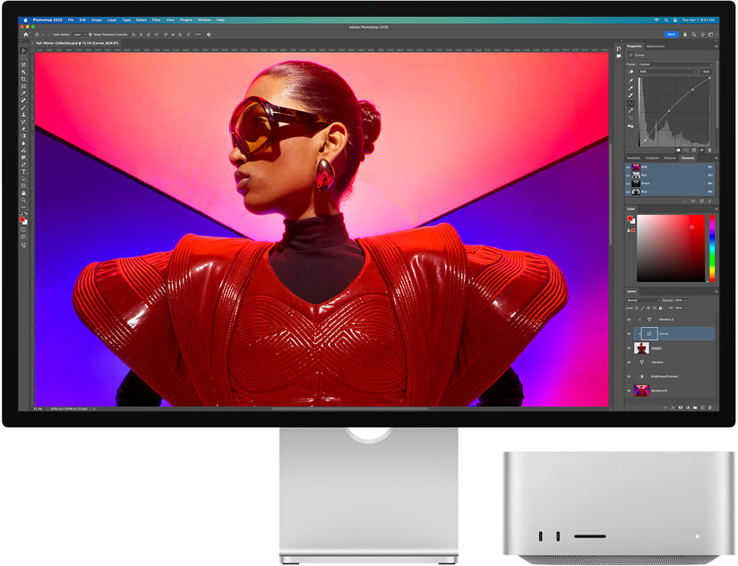 Studio Display a Mac Studio pri pou?ívaní softvéru Adobe Photoshop.