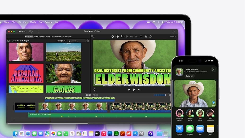 MacBook Neo, strieborná farba. Zobrazuje okno iMovie s názvom Múdrosti star?ích. Ved?a neho je iPhone, na ktorom sa prehráva video jedného z ?udí v okne iMovie. Pod videom je zoznam mo?ností zdie?ania vrátane funkcie AirDrop.