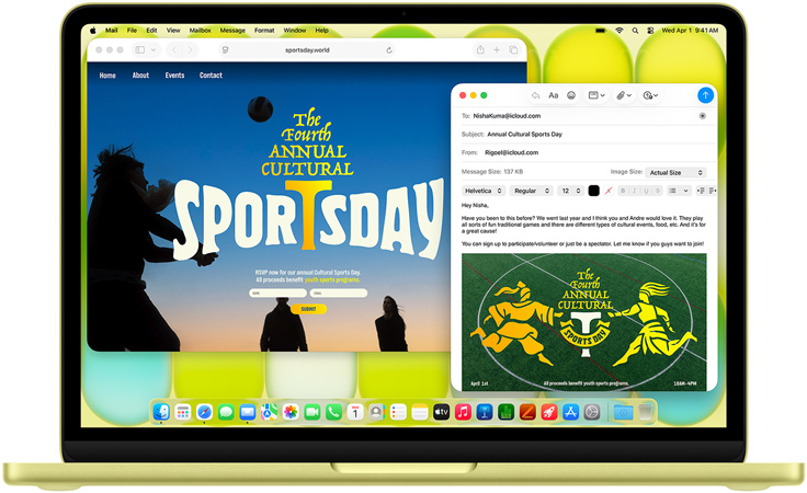 MacBook Neo, citrusová farba, pou?ívate? pí?e e-mailovú pozvánku na umeleckú vystavu, ved?a má otvoreny web podujatia
