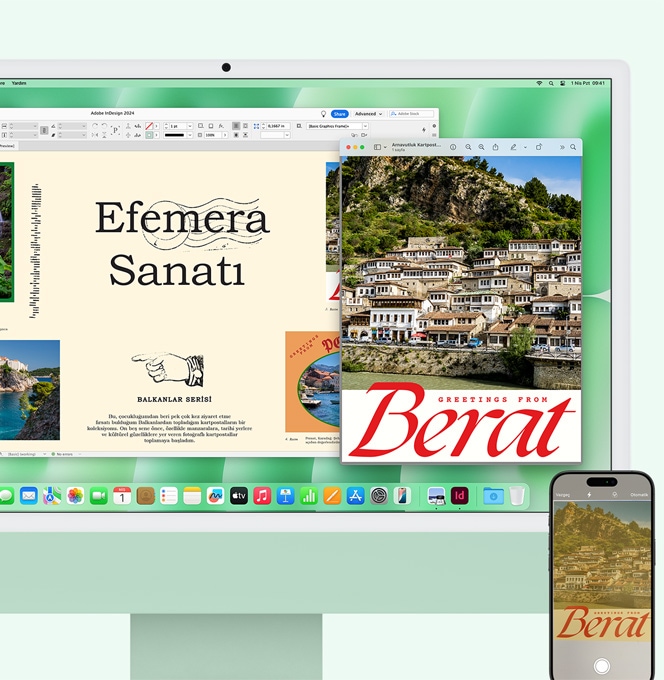 Bir iPhone bir belgeyi tar?yor ve taranan belge an?nda bir iMac ekran?nda g?rünüyor.