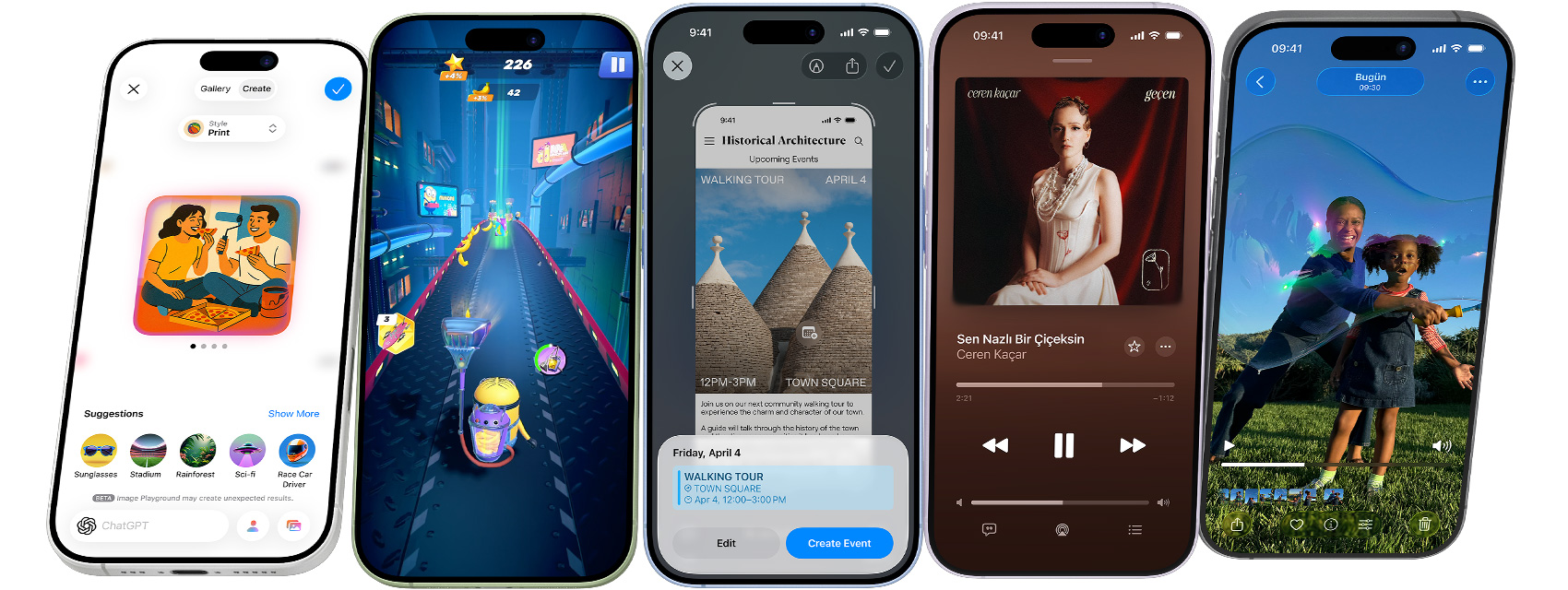 Yan yana dizili iPhone 17 ayg?tlar? s?rayla d?nüyor, iPhone ?zelliklerini g?steren ekran gelince duruyor