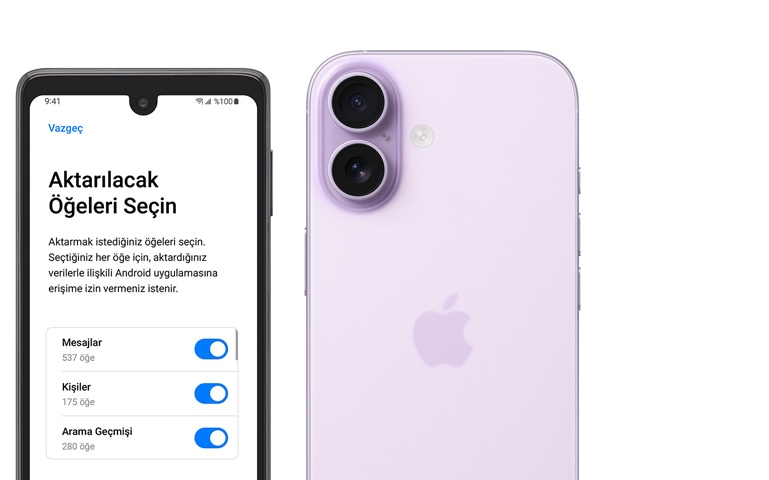 Yan yana duran Android telefon ve iPhone ekranlar?nda iOS’e, iPhone 17, arkadan d?? g?rünüm, sol üst k??ede geli?mi? ?ift kamera sistemi