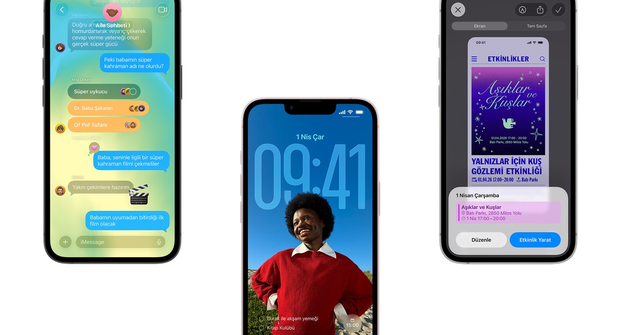 ü? adet iPhone 17e ayg?t?, ekran?nda Liquid Glass tasar?ml? Mesajlar uygulamas?, dinamik Kilit Ekran? ve Takvim etkinli?inin kullan?ld??? ekran g?rüntüsü ?zelli?i g?steriliyor
