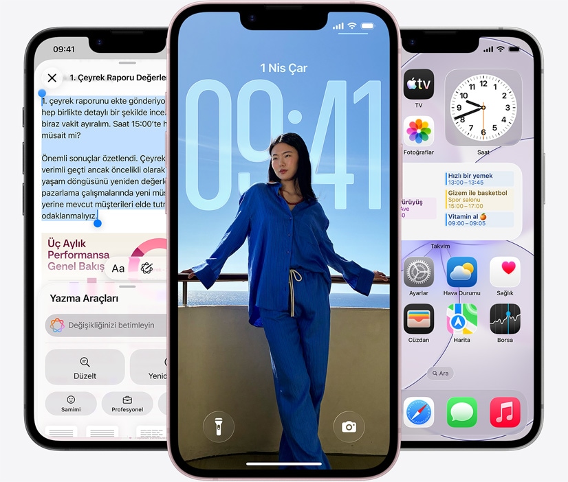 ü? adet iPhone 17e, ?nden d?? g?rünüm, Yazma Ara?lar?’n?n kullan?ld???n? g?steren ekran g?rüntüsü, bir ki?inin foto?raf?n?n bulundu?u Kilit Ekran? ve mesaj g?nderilen Mesajlar uygulamas??