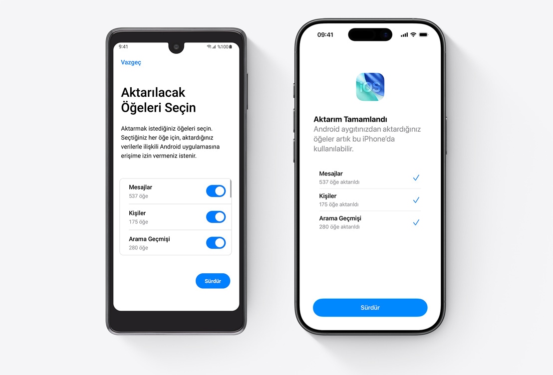 Yan yana duran Android telefon ve iPhone ekranlar?nda iOS’e Ta?? Uygulamas? g?rünüyor