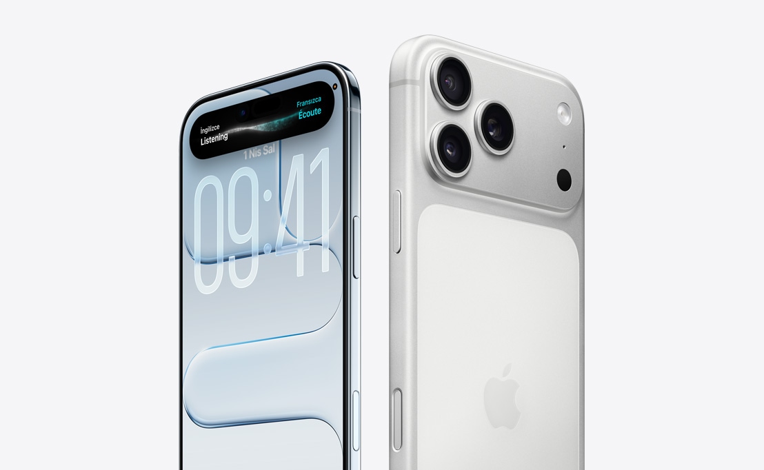Liquid Glass Ekran ve Dynamic Island’a sahip iPhone Air’in ?nden d?? g?rünümü, ince titanyum kenar, sol üst k??ede Pro kamera sistemine sahip iPhone 17 Pro’nun arkadan d?? g?rünümü