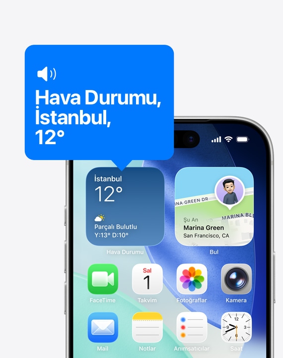 iPhone ana ekran?, VoiceOver ile hava durumu ara? tak?m? simgesi yüksek sesle okunuyor