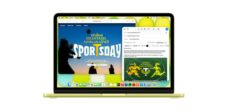 MacBook Neo’da Safari ve Mail dahil olmak üzere birden fazla uygulama a??k, “D?rdüncü geleneksel sporlar günü” yazan bir dijital bir afi? g?steriliyor.